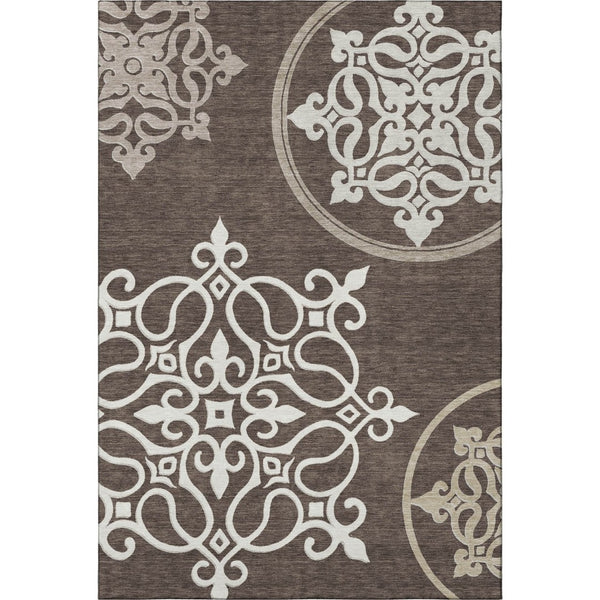 HomeRoots 5' X 8' Chocolate and Ivory Floral Medallion Area Rug – Washable, UV-Protected, Durable & Stylish 669506