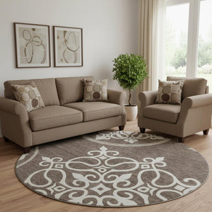 HomeRoots 8' Chocolate and Ivory Floral Medallion Round Area Rug - Washable, UV Protected, and Stain-Resistant 669507