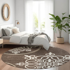 HomeRoots 8' Chocolate and Ivory Floral Medallion Round Area Rug - Washable, UV Protected, and Stain-Resistant 669507
