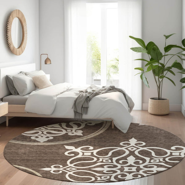 HomeRoots 8' Chocolate and Ivory Floral Medallion Round Area Rug - Washable, UV Protected, and Stain-Resistant 669507