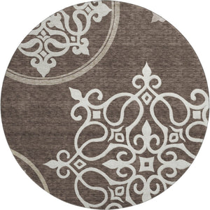 HomeRoots 8' Chocolate and Ivory Floral Medallion Round Area Rug - Washable, UV Protected, and Stain-Resistant 669507