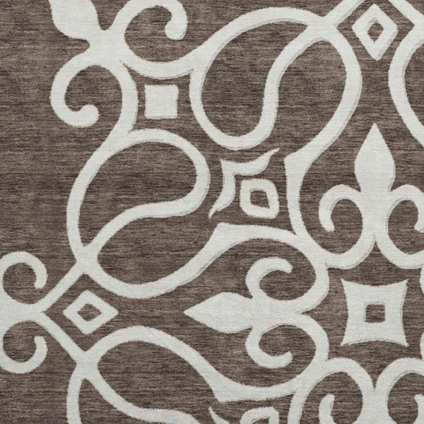 HomeRoots 8' Chocolate and Ivory Floral Medallion Round Area Rug - Washable, UV Protected, and Stain-Resistant 669507