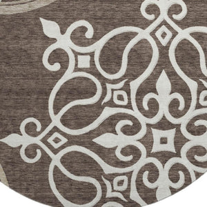 HomeRoots 8' Chocolate and Ivory Floral Medallion Round Area Rug - Washable, UV Protected, and Stain-Resistant 669507
