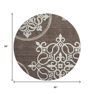 HomeRoots 8' Chocolate and Ivory Floral Medallion Round Area Rug - Washable, UV Protected, and Stain-Resistant 669507