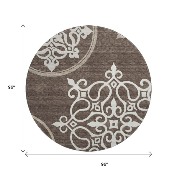 HomeRoots 8' Chocolate and Ivory Floral Medallion Round Area Rug - Washable, UV Protected, and Stain-Resistant 669507
