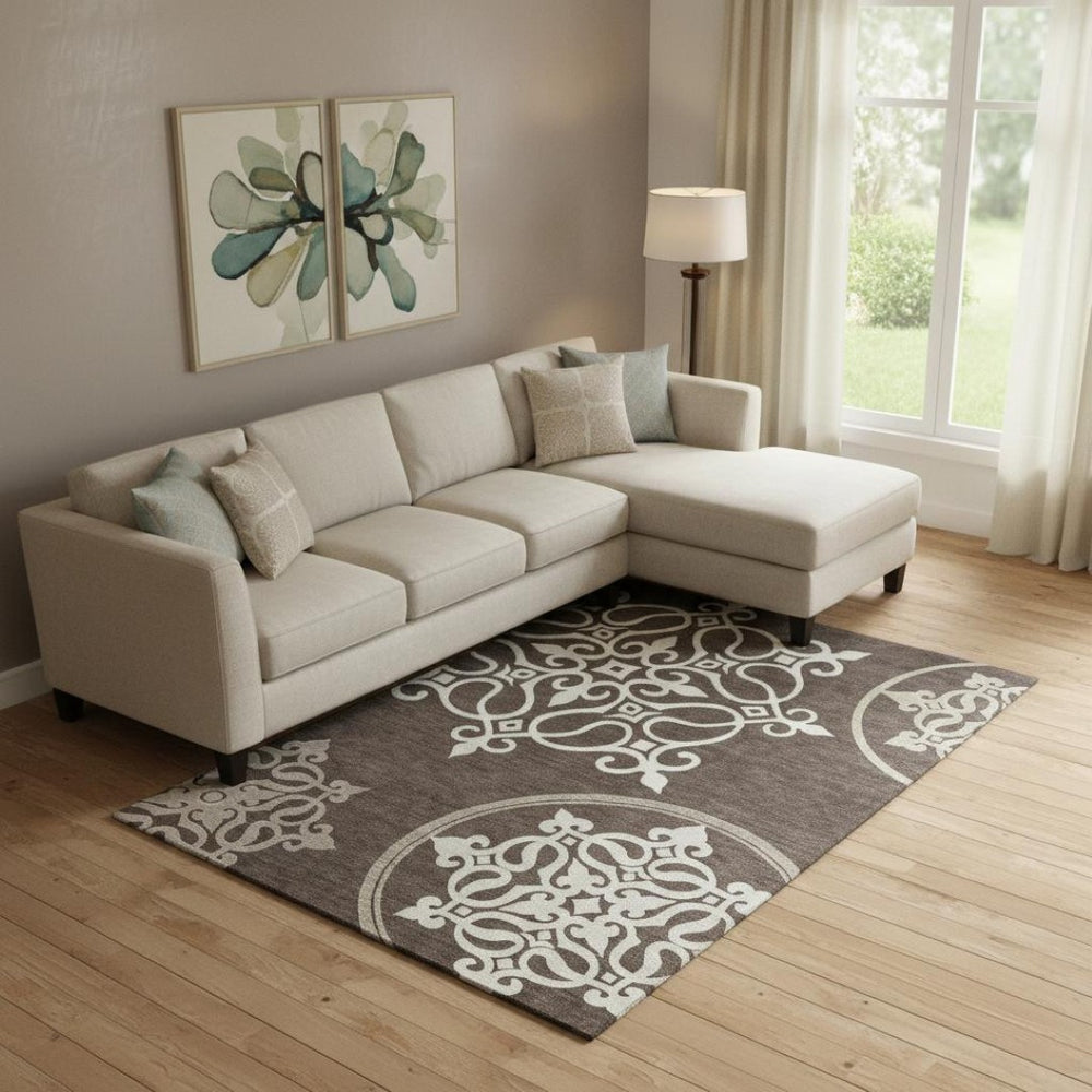 HomeRoots 8' X 10' Chocolate and Ivory Floral Medallion Rug - Washable, UV Protected, Durable, Elegant Design 669508