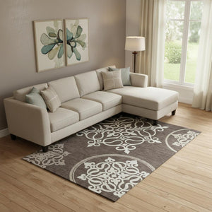 HomeRoots 8' X 10' Chocolate and Ivory Floral Medallion Rug - Washable, UV Protected, Durable, Elegant Design 669508