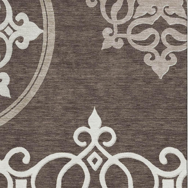 HomeRoots 8' X 10' Chocolate and Ivory Floral Medallion Rug - Washable, UV Protected, Durable, Elegant Design 669508