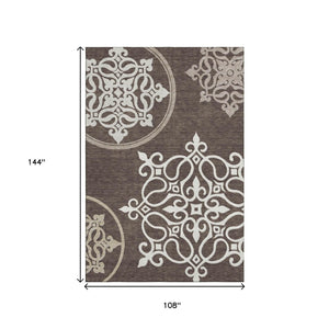 HomeRoots 9' X 12' Elegant Chocolate & Ivory Floral Medallion Area Rug - Washable, UV Protected, Stain Resistant 669509