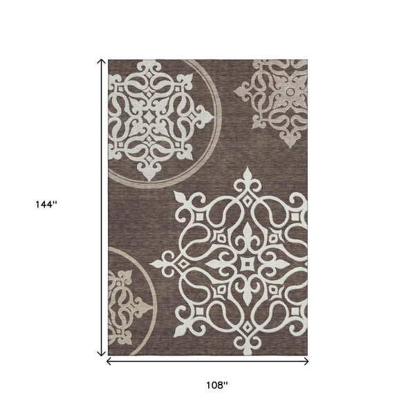 HomeRoots 9' X 12' Elegant Chocolate & Ivory Floral Medallion Area Rug - Washable, UV Protected, Stain Resistant 669509