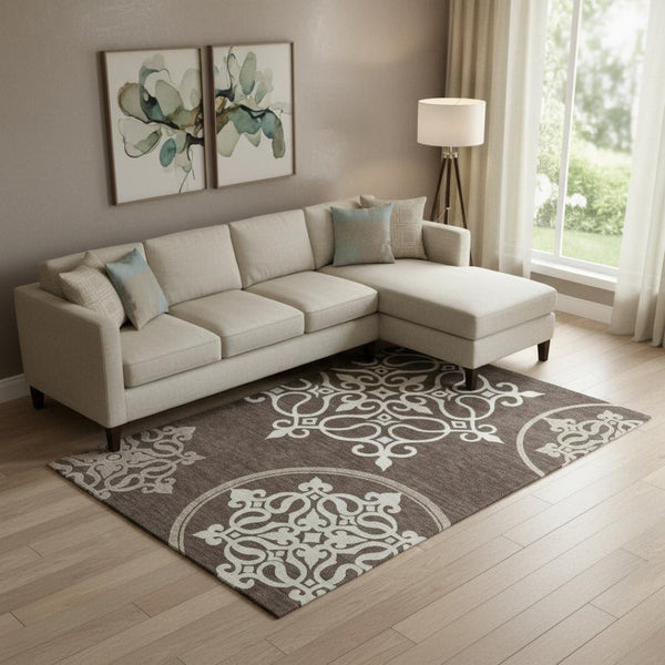 HomeRoots 9' X 12' Elegant Chocolate & Ivory Floral Medallion Area Rug - Washable, UV Protected, Stain Resistant 669509