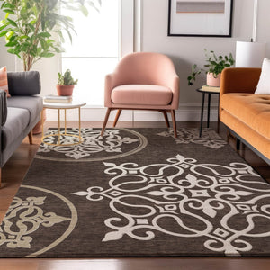 HomeRoots 9' X 12' Elegant Chocolate & Ivory Floral Medallion Area Rug - Washable, UV Protected, Stain Resistant 669509
