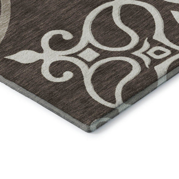 HomeRoots 9' X 12' Elegant Chocolate & Ivory Floral Medallion Area Rug - Washable, UV Protected, Stain Resistant 669509