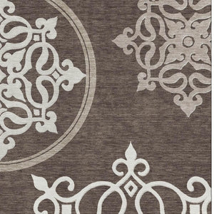 HomeRoots 9' X 12' Elegant Chocolate & Ivory Floral Medallion Area Rug - Washable, UV Protected, Stain Resistant 669509