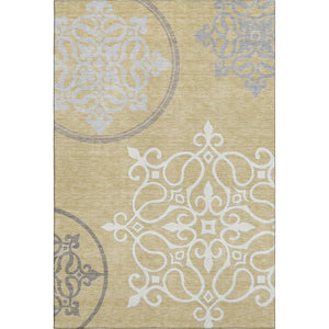 HomeRoots 5' X 8' Floral Medallion Area Rug in Gold Ivory & Gray - Washable, UV-Protected, Stain-Resistant Design 669512