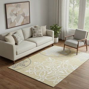 HomeRoots 5' X 8' Floral Medallion Area Rug in Gold Ivory & Gray - Washable, UV-Protected, Stain-Resistant Design 669512