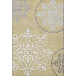 HomeRoots 5' X 8' Floral Medallion Area Rug in Gold Ivory & Gray - Washable, UV-Protected, Stain-Resistant Design 669512