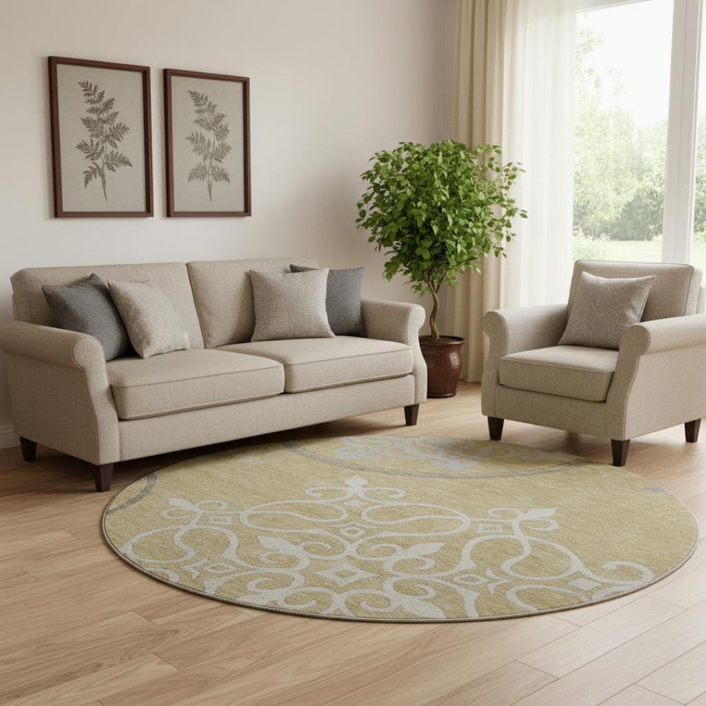HomeRoots 8' Gold Ivory Gray Floral Medallion Washable Round Rug - Durable, UV-Protected & Stylish Decor Piece 669513