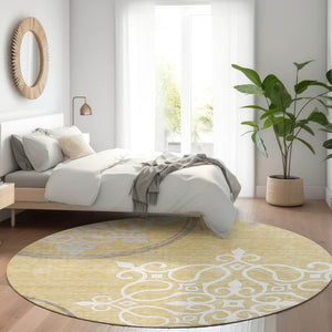 HomeRoots 8' Gold Ivory Gray Floral Medallion Washable Round Rug - Durable, UV-Protected & Stylish Decor Piece 669513