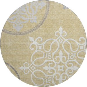 HomeRoots 8' Gold Ivory Gray Floral Medallion Washable Round Rug - Durable, UV-Protected & Stylish Decor Piece 669513