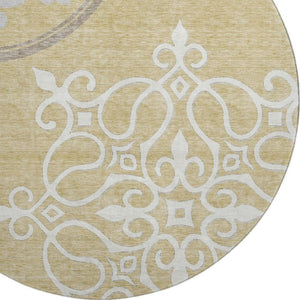 HomeRoots 8' Gold Ivory Gray Floral Medallion Washable Round Rug - Durable, UV-Protected & Stylish Decor Piece 669513