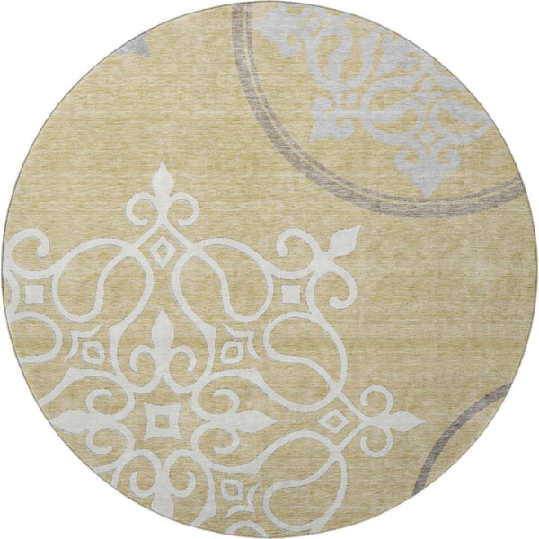 HomeRoots 8' Gold Ivory Gray Floral Medallion Washable Round Rug - Durable, UV-Protected & Stylish Decor Piece 669513