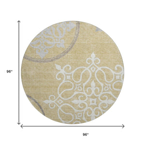 HomeRoots 8' Gold Ivory Gray Floral Medallion Washable Round Rug - Durable, UV-Protected & Stylish Decor Piece 669513