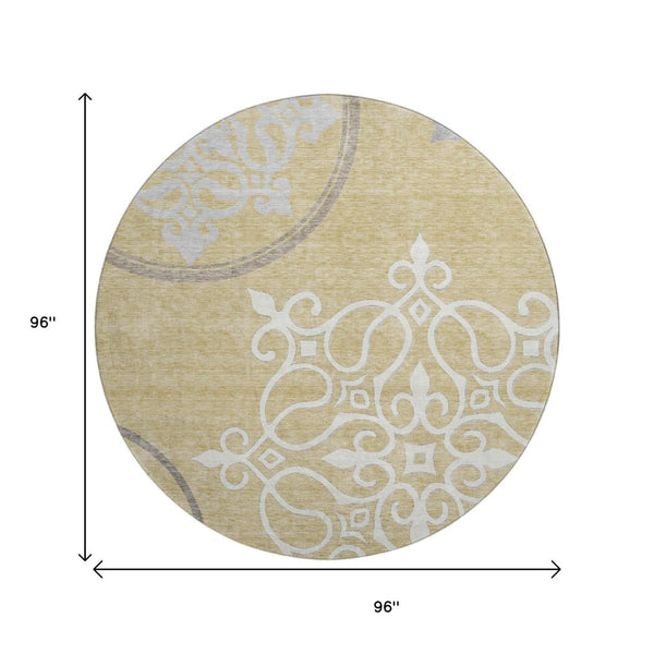 HomeRoots 8' Gold Ivory Gray Floral Medallion Washable Round Rug - Durable, UV-Protected & Stylish Decor Piece 669513