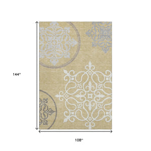 HomeRoots 9' X 12' Elegant Gold Ivory Gray Floral Medallion Washable Area Rug with UV Protection & Durability 669515