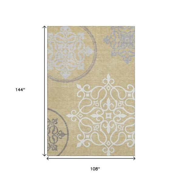 HomeRoots 9' X 12' Elegant Gold Ivory Gray Floral Medallion Washable Area Rug with UV Protection & Durability 669515