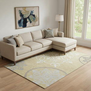 HomeRoots 9' X 12' Elegant Gold Ivory Gray Floral Medallion Washable Area Rug with UV Protection & Durability 669515