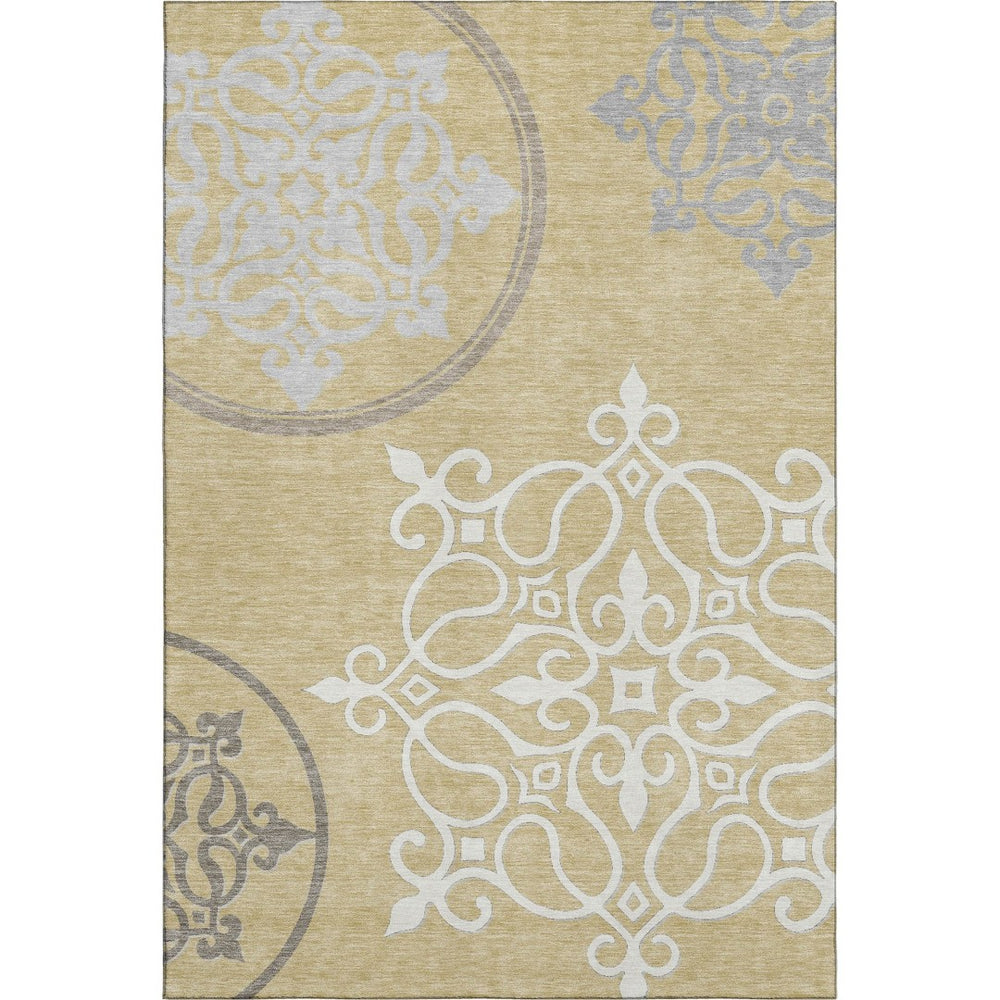 HomeRoots 9' X 12' Elegant Gold Ivory Gray Floral Medallion Washable Area Rug with UV Protection & Durability 669515