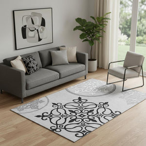 HomeRoots 5' Gray Ivory Black Floral Medallion Area Rug - Washable, UV Protected, Perfect for Busy Homes! 669518