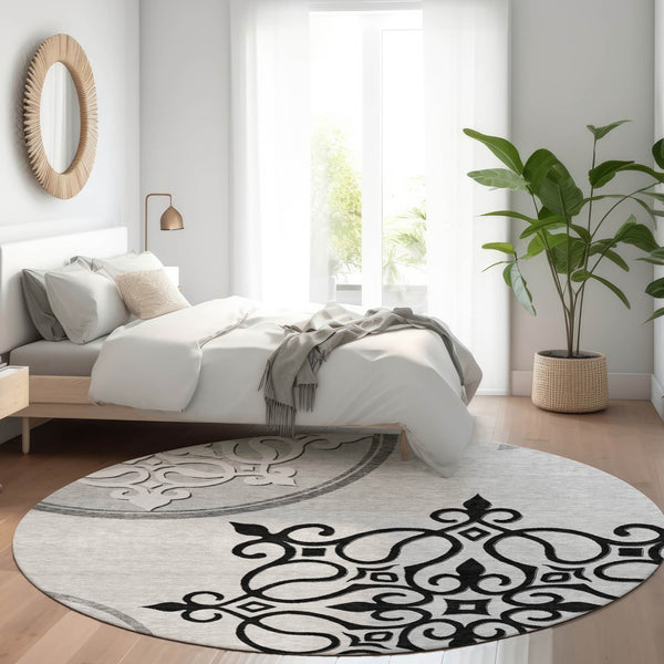 HomeRoots 8' Gray Ivory and Black Floral Medallion Area Rug - Washable, Stain Resistant, UV Protected Elegance 669519