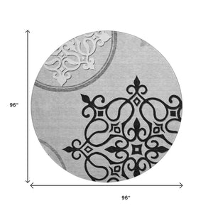HomeRoots 8' Gray Ivory and Black Floral Medallion Area Rug - Washable, Stain Resistant, UV Protected Elegance 669519