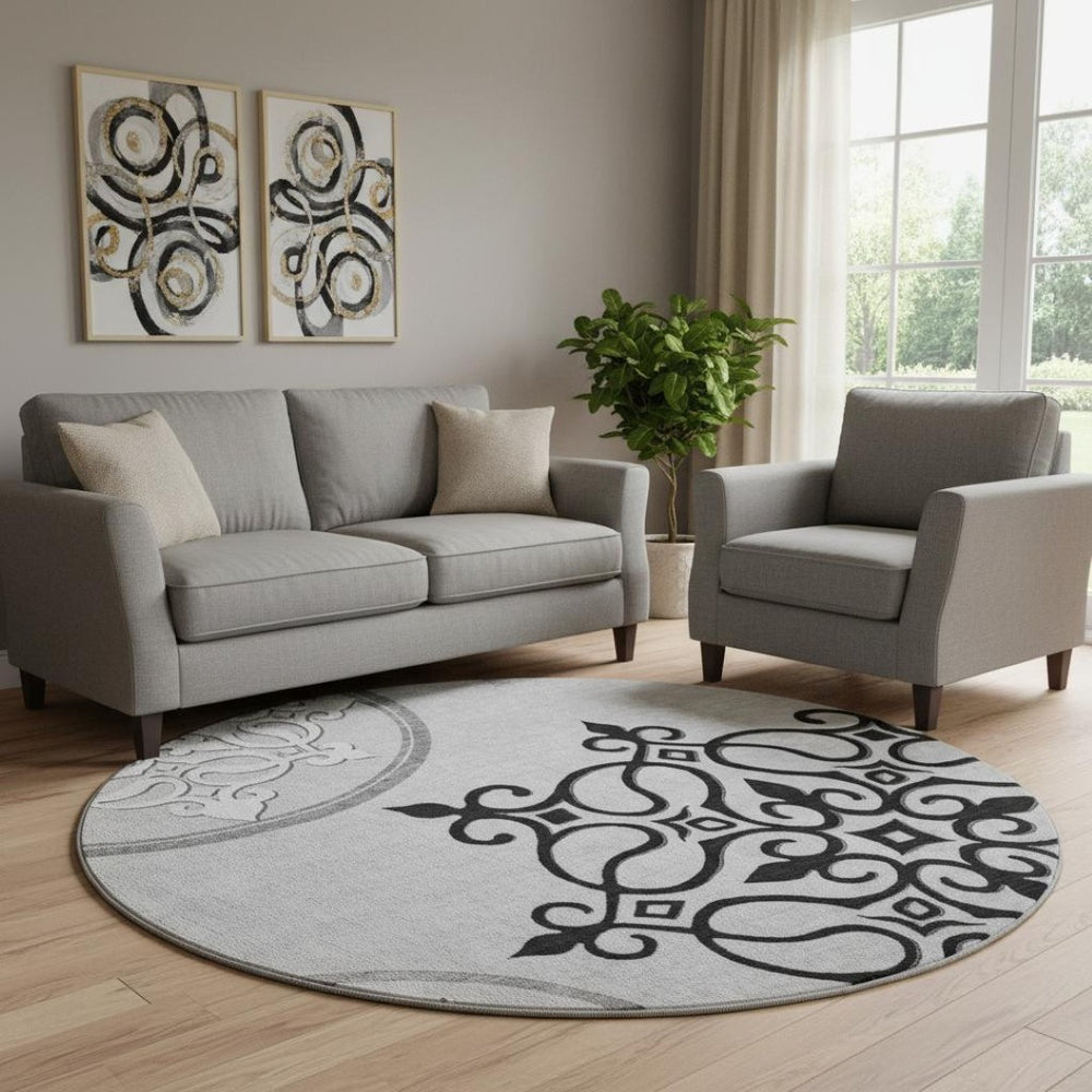 HomeRoots 8' Gray Ivory and Black Floral Medallion Area Rug - Washable, Stain Resistant, UV Protected Elegance 669519