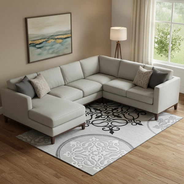 HomeRoots 8' X 10' Gray Ivory Black Floral Medallion Rug - Stylish, Washable, UV-Protected for Modern Homes 669520