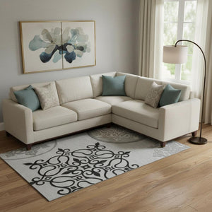 HomeRoots 9' X 12' Stylish Gray Ivory Black Floral Medallion Washable Area Rug with UV Protection Benefits 669521