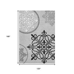 HomeRoots 10' Gray Ivory Black Floral Medallion Washable Area Rug - Durable, UV Protected, Pet Friendly Design 669522