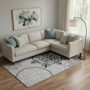 HomeRoots 10' Gray Ivory Black Floral Medallion Washable Area Rug - Durable, UV Protected, Pet Friendly Design 669522