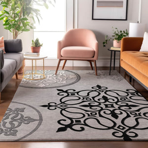HomeRoots 10' Gray Ivory Black Floral Medallion Washable Area Rug - Durable, UV Protected, Pet Friendly Design 669522