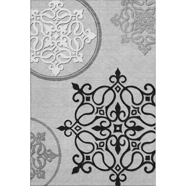 HomeRoots 10' Gray Ivory Black Floral Medallion Washable Area Rug - Durable, UV Protected, Pet Friendly Design 669522