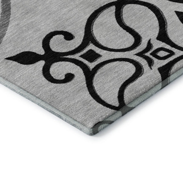 HomeRoots 10' Gray Ivory Black Floral Medallion Washable Area Rug - Durable, UV Protected, Pet Friendly Design 669522