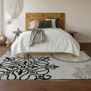 HomeRoots 10' Gray Ivory Black Floral Medallion Washable Area Rug - Durable, UV Protected, Pet Friendly Design 669522