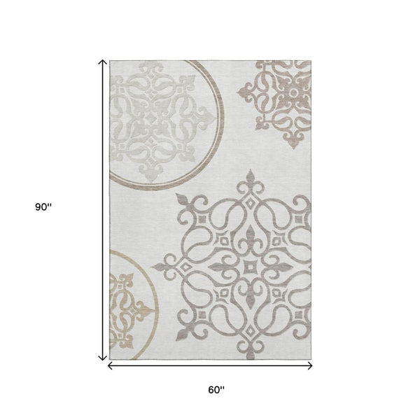 HomeRoots 5' X 8' Ivory Beige Tan Floral Medallion Area Rug - Stain-Resistant, UV Protected & Durable Design 669524