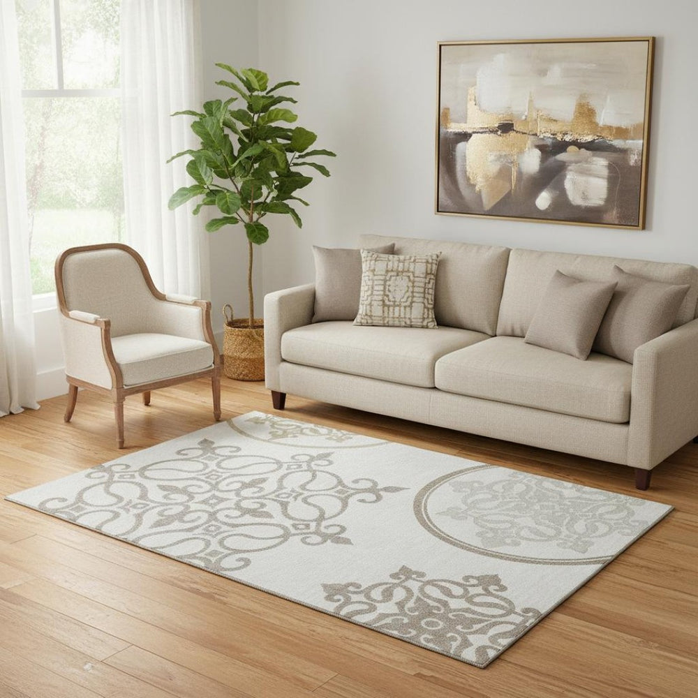 HomeRoots 5' X 8' Ivory Beige Tan Floral Medallion Area Rug - Stain-Resistant, UV Protected & Durable Design 669524