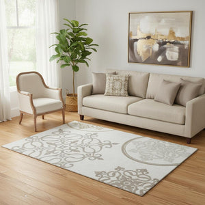 HomeRoots 5' X 8' Ivory Beige Tan Floral Medallion Area Rug - Stain-Resistant, UV Protected & Durable Design 669524