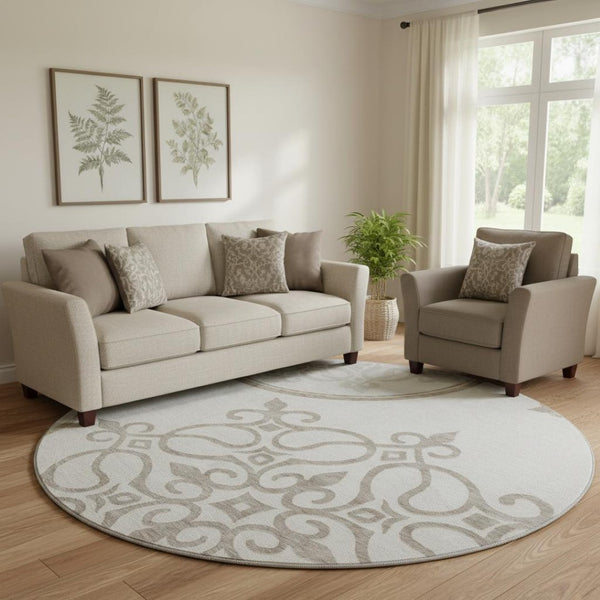 HomeRoots 8' Elegant Ivory Beige Floral Medallion Round Rug - Washable, UV-Protected, Stain-Resistant Design 669525