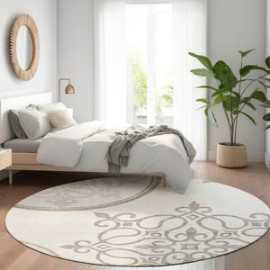 HomeRoots 8' Elegant Ivory Beige Floral Medallion Round Rug - Washable, UV-Protected, Stain-Resistant Design 669525