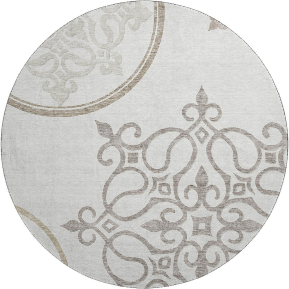 HomeRoots 8' Elegant Ivory Beige Floral Medallion Round Rug - Washable, UV-Protected, Stain-Resistant Design 669525